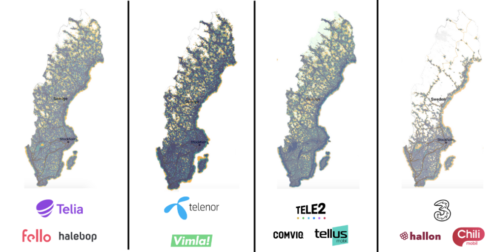 Täckningskarta för mobiloperatörerna Telia, Telenor, Tele2 och Tre
